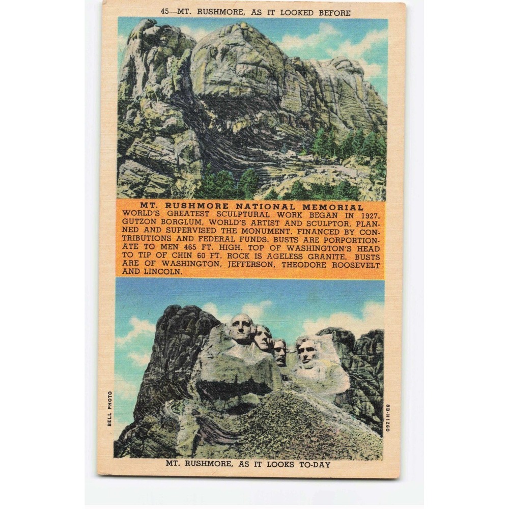 Vintage Mt. Rushmore National Memorial Before and After Linen Postcard 8B-H1260